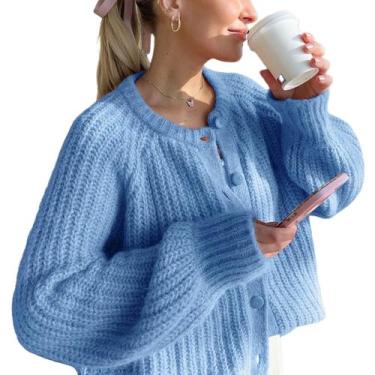 Imagem de Suéter de cardigã feminino Wyeysyt com botões, de malha grossa, azul