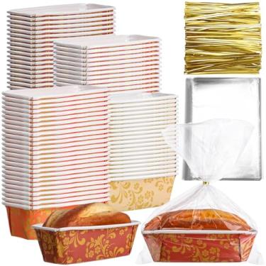 Imagem de Vesici 100 conjuntos de formas de papel de outono para assar 15 x 5 x 5 cm, forros de forma de bolo descartáveis com sacos plásticos transparentes e laços para o dia de Ação de Graças, outono, molde