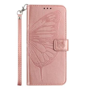 Imagem de Capa carteira para Google Pixel 9 Pro XL, capa flip de couro de borboleta e flor em relevo com suporte para cartão, com alça de pulso capa protetora para iPhone 16 (rosa)