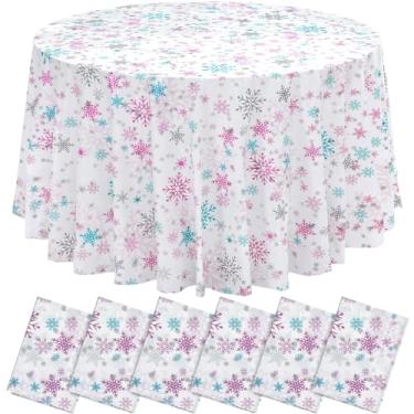 Imagem de Sliner Toalha de mesa de plástico redonda de Natal com flocos de neve de 213 cm, toalha de mesa descartável para decoração de festa de aniversário de inverno (rosa, prata, azul, 6 peças)