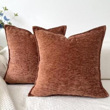 Imagem de OYIMUA Capas de almofada decorativas macias de chenille enferrujadas 45,7 x 45,7 cm, conjunto de 2 fronhas neutras Boho Farmhouse para sofá, quarto, sala de estar, decoração de casa, almofadas