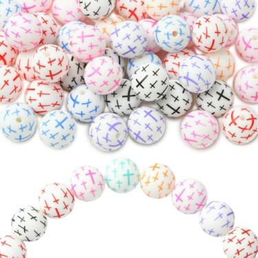 Imagem de Ipotkitt 50 contas focais de silicone de cor aleatória de 15 mm com padrão de cruz contas focais religiosas de chiclete para artesanato faça você mesmo, joias, pulseira, colar, brincos, canetas