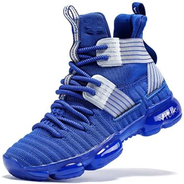 Imagem de VITUOFLY Tênis de basquete infantil para meninos com amortecimento de ar e tênis para meninas de cano médio para treinamento escolar antiderrapante para esportes ao ar livre confortável para meninos e crianças pequenas, Blue-19, 7 Big Kid