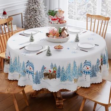 Imagem de Siilues Toalha de mesa de Natal 177 x 178 cm redonda azul vintage floco de neve capa de mesa sazonal inverno borda recortada impermeável toalha de mesa de jantar decoração de festa em casa
