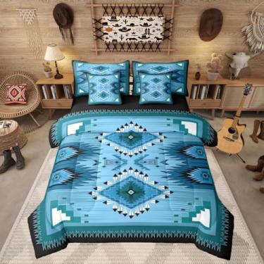 Imagem de Erosebridal Jogo de cama solteiro asteca ocidental, rústico, casa de fazenda, 7 peças, étnico americano, nativo, em uma bolsa para crianças, adolescentes, mulheres, quarto vintage, do sudoeste, azul