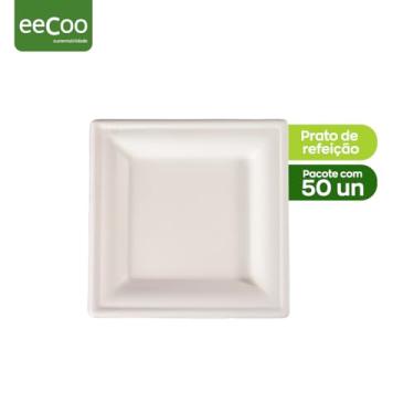 Imagem de eeCoo - Kit Com 50 Pratos Descartáveis Quadrado Para Refeições - Polpas Vegetais, Atóxico e Compostável