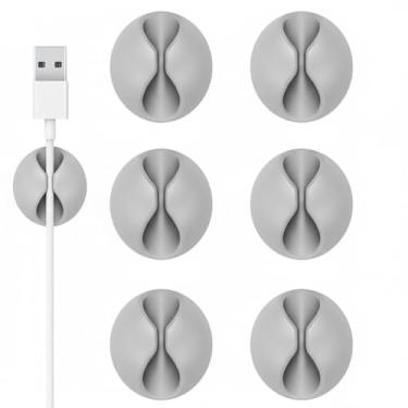 Imagem de Suporte de cabo, clipes de cabo, 6 peças, organizador de cabos adesivos cinza, suporte de carregador para mesa de cabeceira, mesa, escritório ou mouse