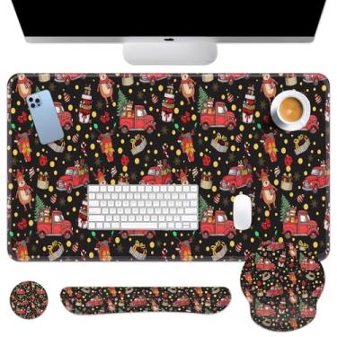 Imagem de Britimes Conjunto de mouse pad com teclado vermelho veado caminhão árvore de Natal floco de neve 4 em 1 grande mousepad + teclado descanso de pulso + conjunto de porta-copos com design ergonômico para
