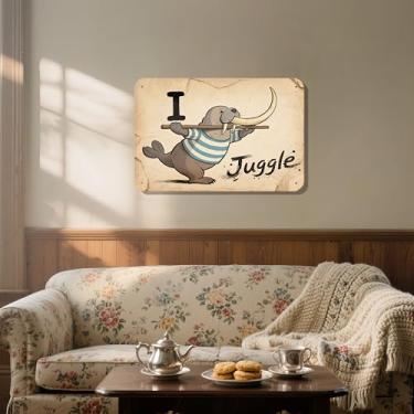 Imagem de 1 peça de arte de parede de placa suspensa de ferro com design de malabarismo de morsa - folha de flandres impermeável pré-perfurada decoração vintage para estudo de entrada de bar café, cantos