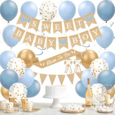 Imagem de Joymee Decorações de chá de bebê azul empoeirado para menino, bem-vindo a casa, bebê menino com faixa de serapilheira doce menino de serapilheira, balão, bandeiras de bandeira de flâmula, mãe para ser