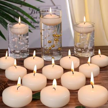 Imagem de GINITIRI Velas flutuantes marfim de 5 cm, pacote com 36 velas flutuantes sem cheiro para centros de mesa, vela ativada por água de 5 a 6 horas para vasos cilíndricos, piscina de casamento