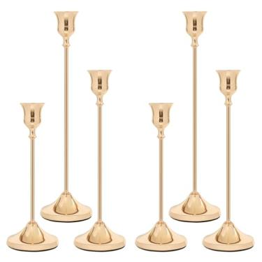 Imagem de Castiçais de 6 peças, suporte de vela afunilado de metal, castiçais dourados para velas de pilar, decorações de mesa de jantar vintage para decoração de festa de casamento, Natal, Halloween