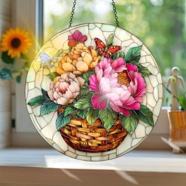 Imagem de Acrílico colorido, apanhador de sol estilo vitral estampado com flores com reflexos de arco-íris, arte de parede para decoração de janela suspensa, ornamentos de Natal para uso interno e externo 19,8