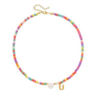 Imagem de Gargantilha feminina com contas de ouro 18 quilates - pingente de letra colorida de aço inoxidável impermeável - joia com pingente de alfabeto personalizado - Presente personalizado delicado para