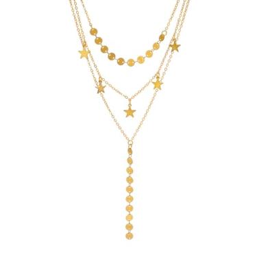 Imagem de Colar feminino com disco de estrela em camadas longas em Y, exclusivo de lantejoulas, cinco pontas, gargantilha dourada e prata, colar empilhável para fantasia de formatura, Large, Zinco, Sem Pedra
