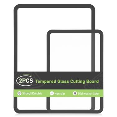 Imagem de IDekooror Tábua de corte, tábua de corte de vidro temperado para balcão de cozinha, conjunto de 2 peças de tábua de cortar com bordas de silicone antiderrapantes, resistente ao calor, lavável na