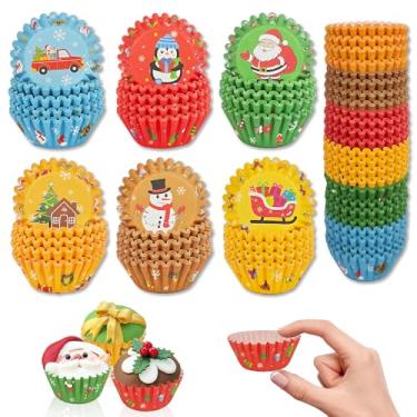 Imagem de ZCCLINN Mini forros de cupcake de Natal – 600 unidades, pequeno copo de muffin de Natal, forro de papel para bolos, embalagens de doces de Feliz Natal, molde de embrulho pequeno de chocolate para