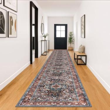 Imagem de KOZYFLY Tapete de área 10 x 45 m, lavável, boho para entrada, corredor, interior, estampado, tapete de lã sintética para quarto e cozinha, vermelho tijolo/laranja/verde