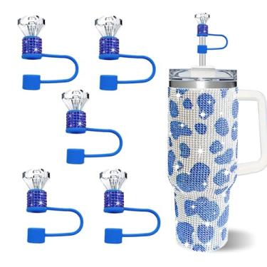 Imagem de JIASHEBDE Conjunto de 5 peças de capa de canudo de diamante brilhante, topo de palha de strass duplo para copos Stanley de 30 e 1,134 g, acessórios de tampa de 1 cm para canudos de 10 mm (azul escuro