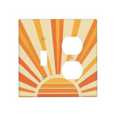 Imagem de BHGAHD Capas decorativas para tomadas com design minimalista dourado de sol japonês, capa de placa de parede de 2 grupos, conjunto duplex, combo com dois interruptores de luz, capa de placa de