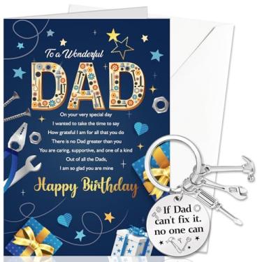 Imagem de DPKOW Cartão de aniversário do pai e chaveiro da filha filho, presentes de feliz aniversário para o pai, cartão de felicitações de dia B com envelope, chaveiro de aço inoxidável com bolsa de cordão de