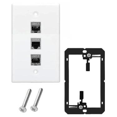 Imagem de Kework Placa de parede Ethernet de 3 portas com suporte, 10 Gbps 600 MHZ, módulo Keystone de acoplador fêmea para fêmea Cat7 RJ45, placa frontal de passagem sem solda para modem de TV, laptop, switch