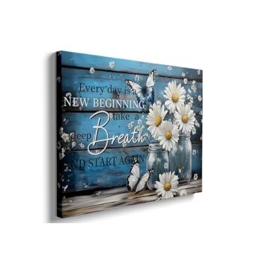 Imagem de Ypxzzj Tela de arte de parede de borboleta inspiradora, design floral margarida azul, Every Day is a New Beginning Quote, decoração rústica para casa (30,5 x 40,6 cm)