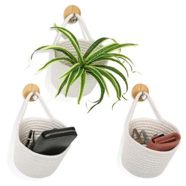 Imagem de SUPXYC 3 cestas suspensas de juta, cestas de pendurar em corda de algodão para organizar com ganchos adesivos, cestas de parede de tecido boho para cozinha, quarto, sala de estar, escritório (branca)