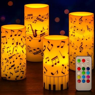 Imagem de Tiamon Conjunto de 4 peças de notas musicais e velas de clave de LED com tema musical sem chama, operado por bateria com controle remoto, decorações de pilares de LED para decoração de festa de