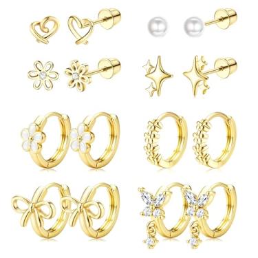 Imagem de ORAZIO Brincos hipoalergênicos para meninas, mulheres, crianças, aço inoxidável cirúrgico, parafuso nas costas, laço de coração, flor, argola para crianças, para meninas, orelhas sensíveis com mais de