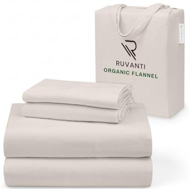 Imagem de RUVANTI Lençóis de flanela Queen Size - Certificado GOTS 100% algodão orgânico, conjunto de 4 peças quentes, macias e respiráveis, bolso profundo, ajuste confortável, escovado duplo, confortável para