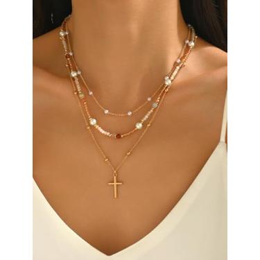 Imagem de Colar boêmio de várias camadas para mulheres, colar empilhado com pérolas falsas feitas à mão, pingente de cruz em tom dourado, acessório curto personalizado