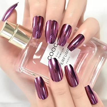 Imagem de Metal Curto Espelho Press Ons Design Roxo Cor Pura Caixão Unhas Prensar Unhas Arte Brilhante Unhas Falsas Cobertura Completa Com Abas