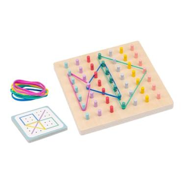 Imagem de menolana Geoplano de madeira com faixas e cartões de padrões - Jogo de tabuleiro educativo para desenvolver a coordenação fina e o raciocínio lógico em