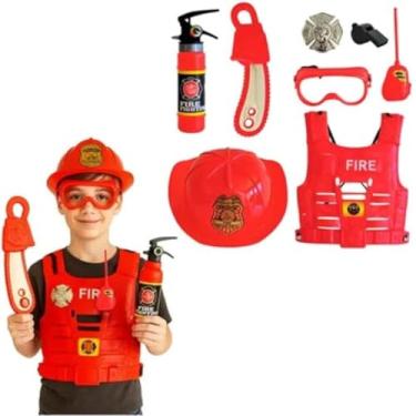 Imagem de Kit Bombeiro Infantil com Colete e Capacete de Plástico - Acessórios Realistas para Brincadeiras de Faz de Conta e Estímulo à Criatividade