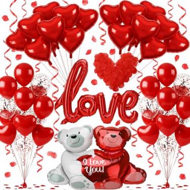 Imagem de Guiqulai Kit de decoração de balões de dia dos namorados, balões de coração vermelho, balões de coração de urso do amor com 1000 pétalas de rosa vermelhas para decorações de festa de casamento no dia