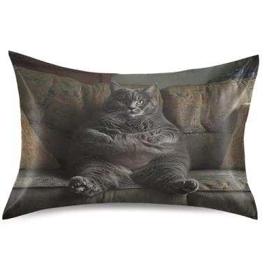 Imagem de Capas de almofada engraçadas de cetim gato cinza gordo padrão King Queen capas de almofadas gráficas refrescantes almofadas de cama macias confortáveis, tamanho padrão, 66 cm x 50 cm