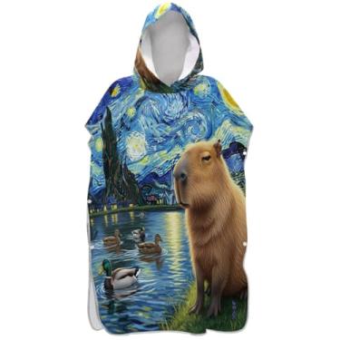 Imagem de Joisal Poncho de surfe absorvente para trocador adulto toalha de natação com capuz capivara engraçada noite estrelada unissex adulto poncho com capuz
