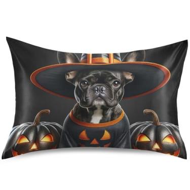 Imagem de Capas de travesseiro de cetim preto abóbora buldogue de Halloween para cabelo capa de travesseiro padrão Queen King capas de travesseiro fofas refrescantes capa de travesseiro macia, tamanho padrão