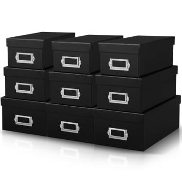 Imagem de Threehoney 9 caixas de armazenamento Kraft retangulares empilháveis com tampas e organizadores de papelão com suportes de etiquetas dourados para decoração e organização de casa (preto)