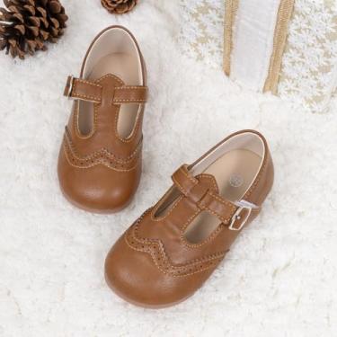 Imagem de Sapato infantil Mary Jane com tira em T clássico para festa de casamento, escola, casual, A01 Marrom, 9 Toddler