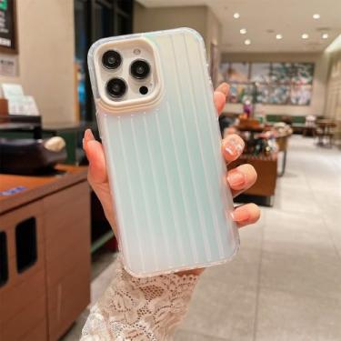 Imagem de Capa de celular elegante com estampa de mala para iPhone 16, 15, 14, 13, 12, 11 Pro Max, 16 Pro, 14 Plus e 15 Plus. Capa rígida com listras 3D prateadas e brancas.