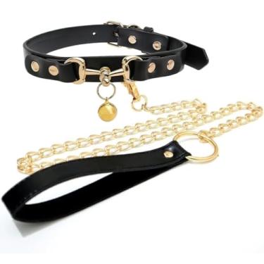 Imagem de Acecare Colar de couro preto com corrente de ouro e sino – Colar gargantilha ajustável para mulheres, conjunto de gargantilha de couro sintético para cosplay, moda gótica e dramatização, universal