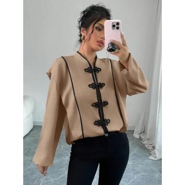 Imagem de Blusa feminina bege com gola mandarim - blusa de manga comprida com botão sapo preto, Caqui, M