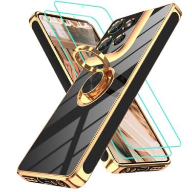 Imagem de Gritup Capa para Motorola Moto G Power 5G 2025: 2 peças de protetor de tela, suporte magnético de rotação de 360°, suporte magnético com borda dourada de TPU macio, preta