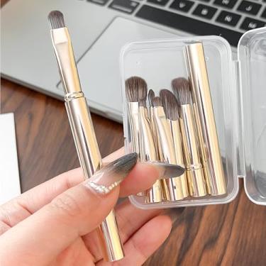 Imagem de Conjunto de 6 pincéis de maquiagem para viagem com caixa de armazenamento, cabeça de escova de substituição, alça de escova removível, base facial, corretivo, sombra, conjunto de pincéis dourados