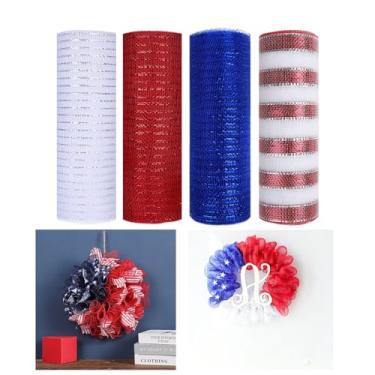 Imagem de JStnana Fita de malha decorativa de 4 rolos para suprimentos de fabricação de grinaldas de 4 de julho, 25,5 cm x 7,6 m de malha metálica de serapilheira vermelha branca azul para decoração de