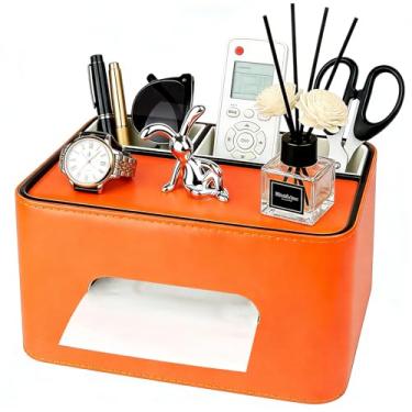 Imagem de Capa retangular de caixa de lenços de couro PU - Suporte multifuncional para caixa de lenços com armazenamento, organizador de lenços e controle remoto com compartimentos para mesa de cabeceira, mesa