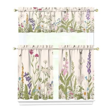 Imagem de Cortinas de cozinha florais azuis de 61 cm de comprimento, conjunto de 3 cortinas de cozinha florais e pássaros, cores vibrantes, cortinas de janela de cozinhas de primavera sobre a pia para iluminar