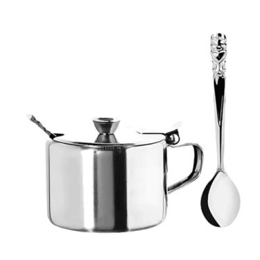 Imagem de Açucareiro em Aço Inox, 420ml, com Colher e Tampa Articulada Para Casa, Lanchonete, Restaurante, Café, Suco, Chá, Capuccino
